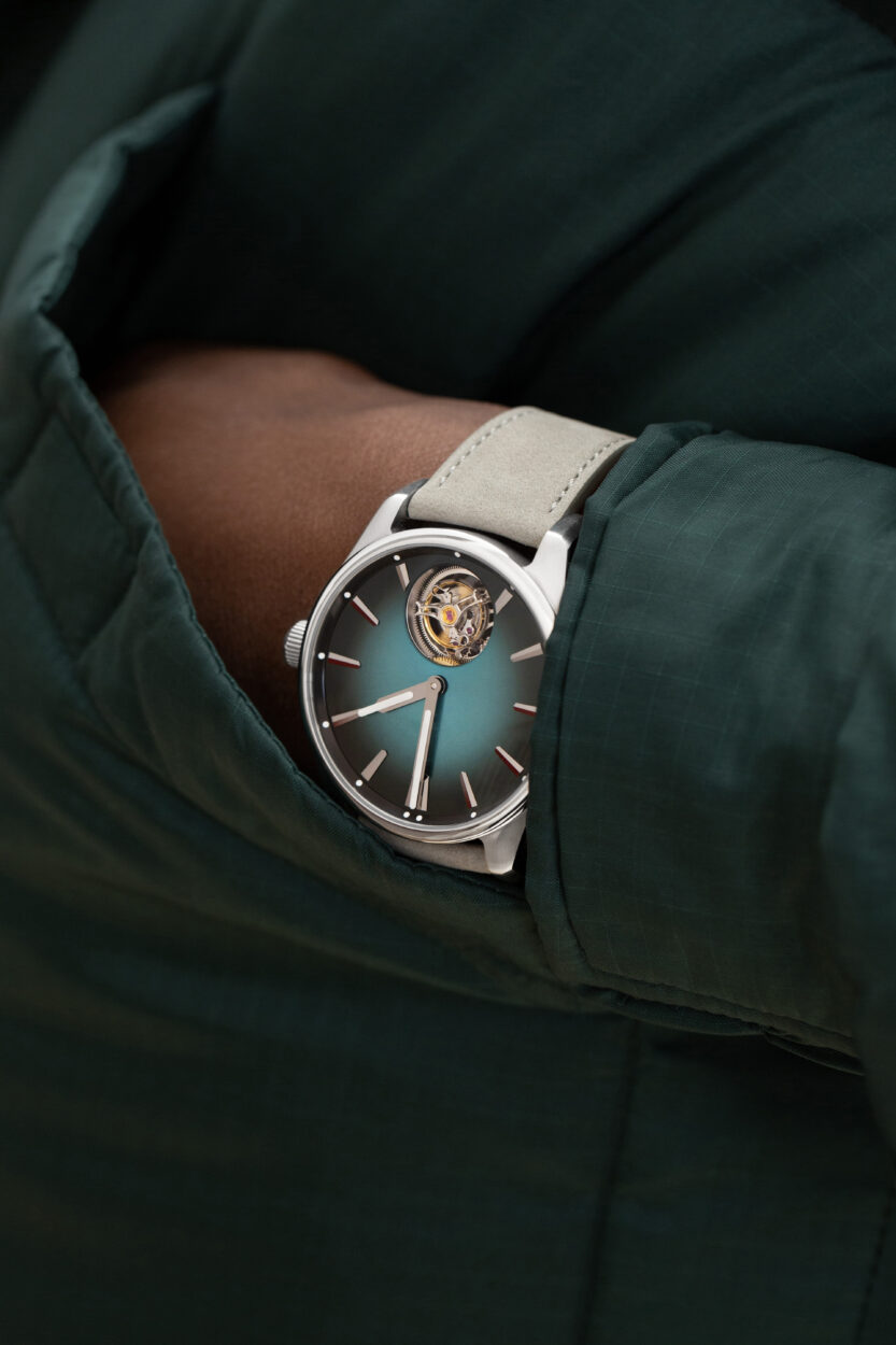 H moser tourbillon on the wrist with molequin sauge strap