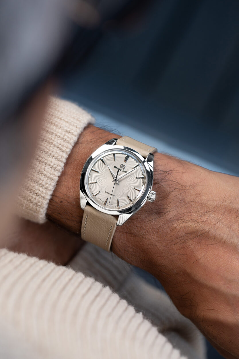 Grand Seiko on the wrist with desert sand molequin strap