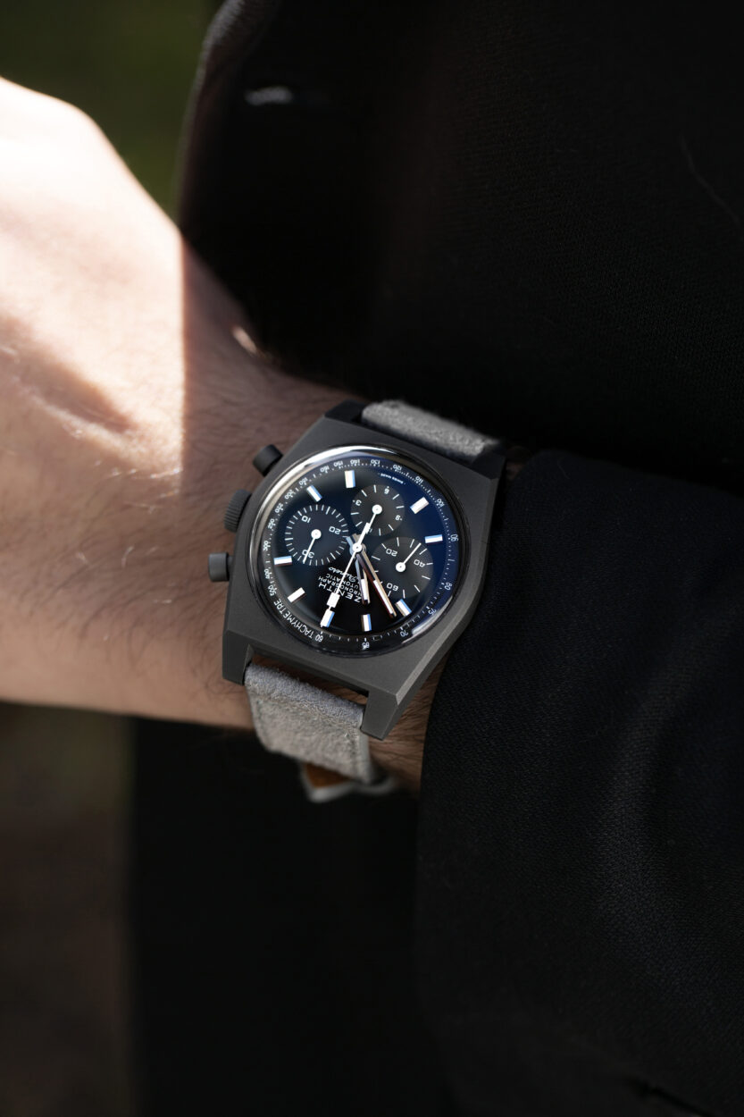 zenith el primero black dial on the wrist with light grey molequin strap