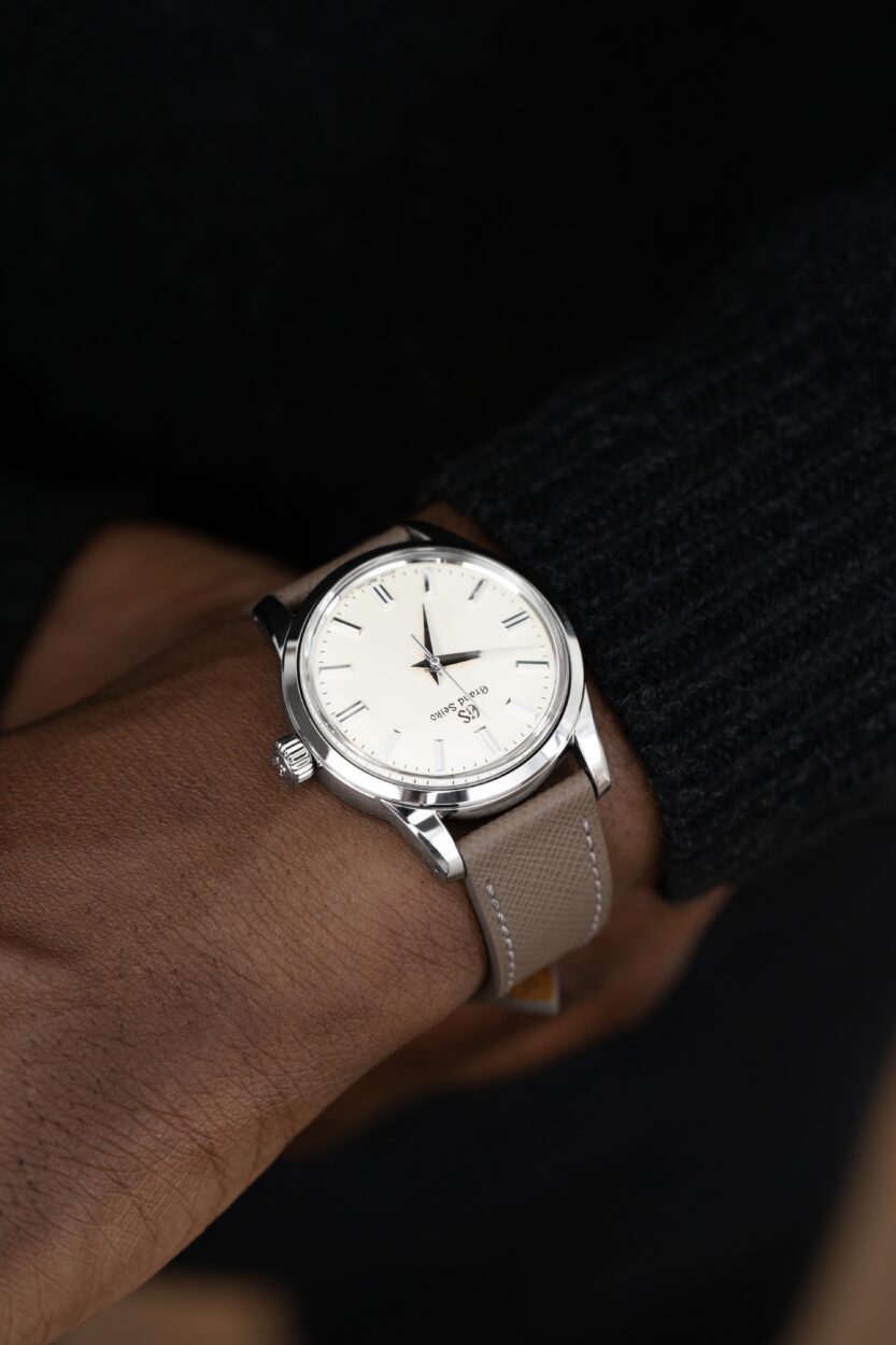 Grand Seiko on the wrist with saffiano molequin strap