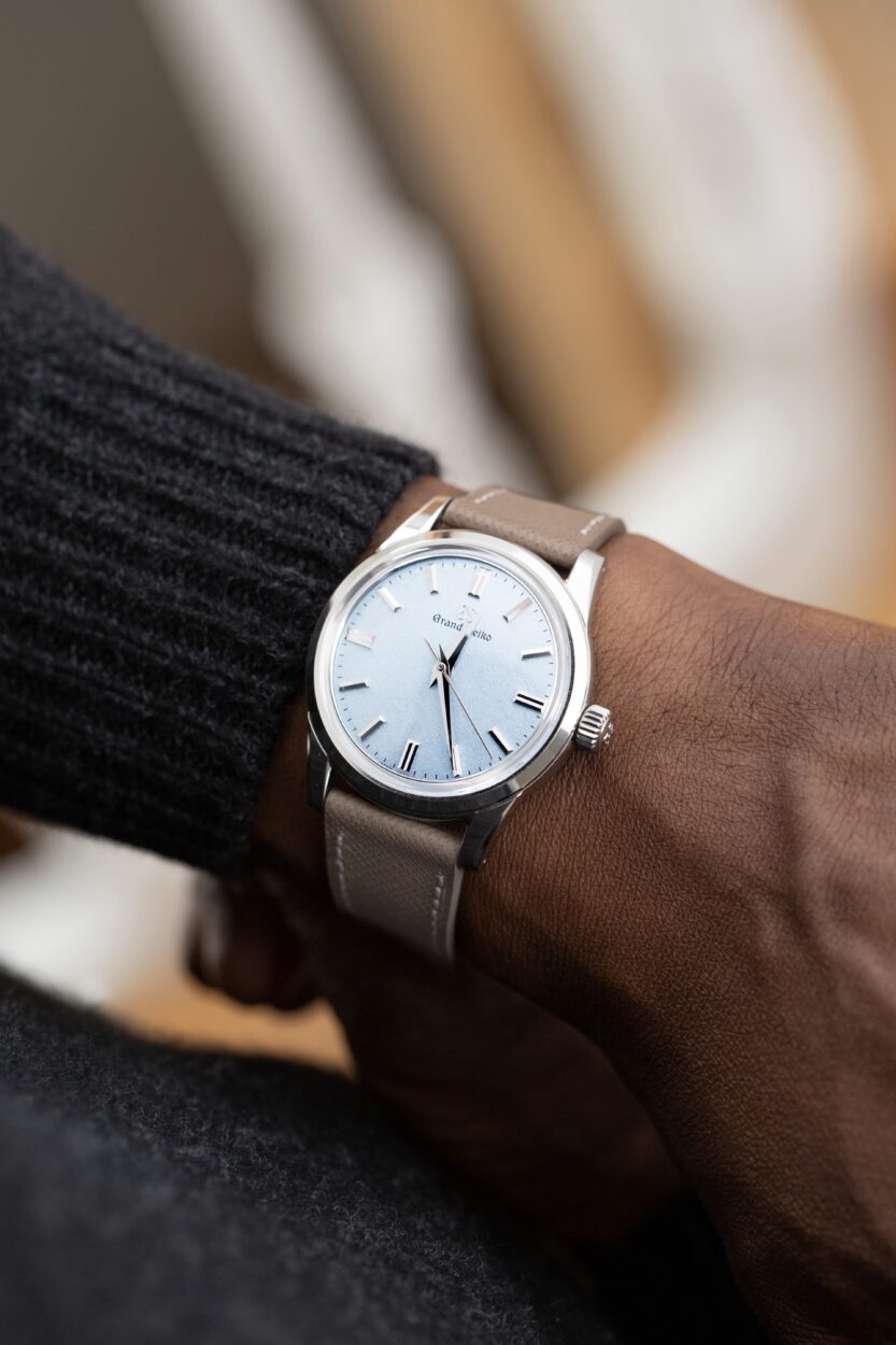Grand Seiko on the wrist with hazel molequin strap