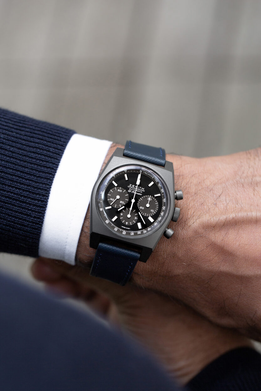 zenith el primero black dial on the wrist with Oxford blue molequin strap