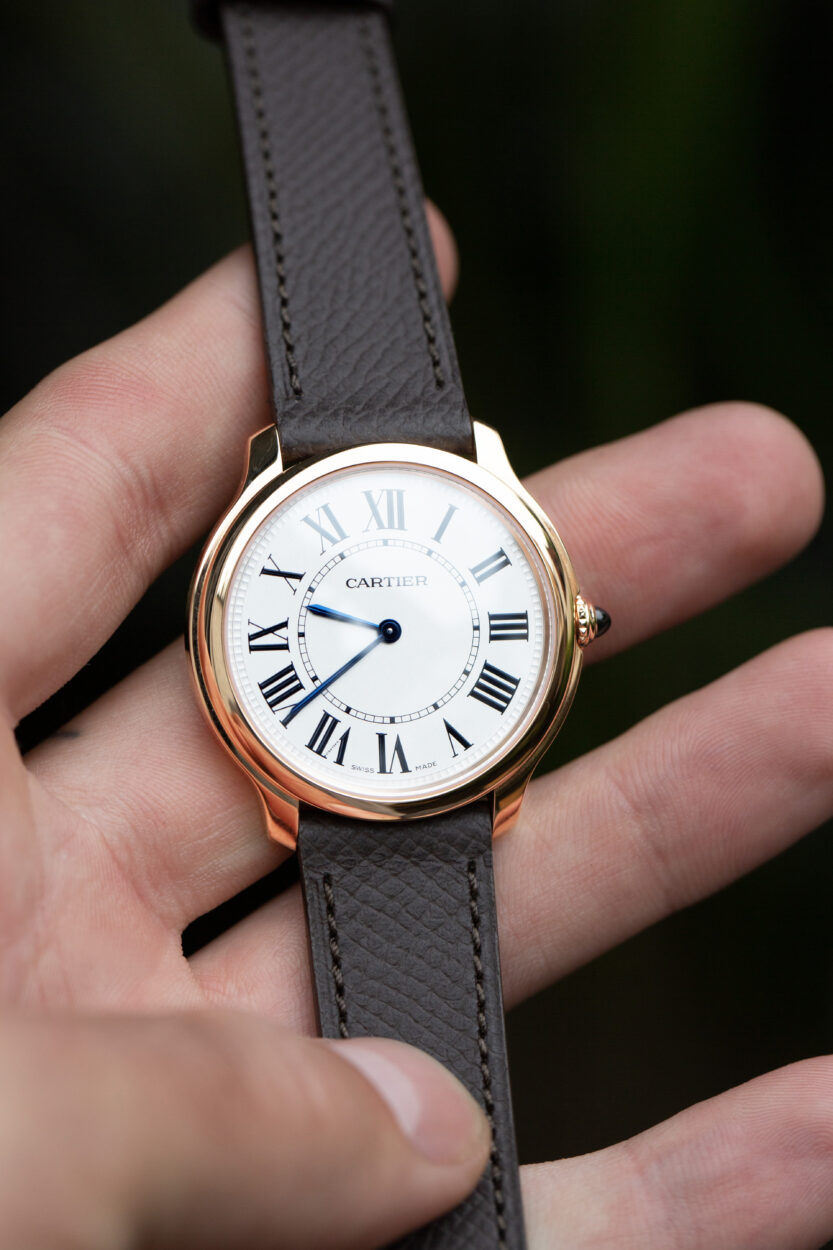 moka Molequin leather strap on a Cartier golden watch