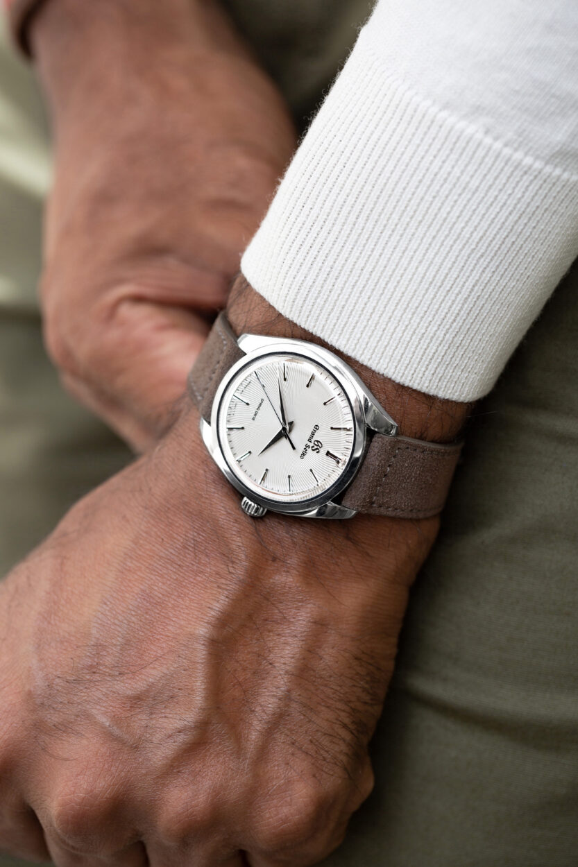 Walnut olequin Strap on a Grand Seiko on the wrist